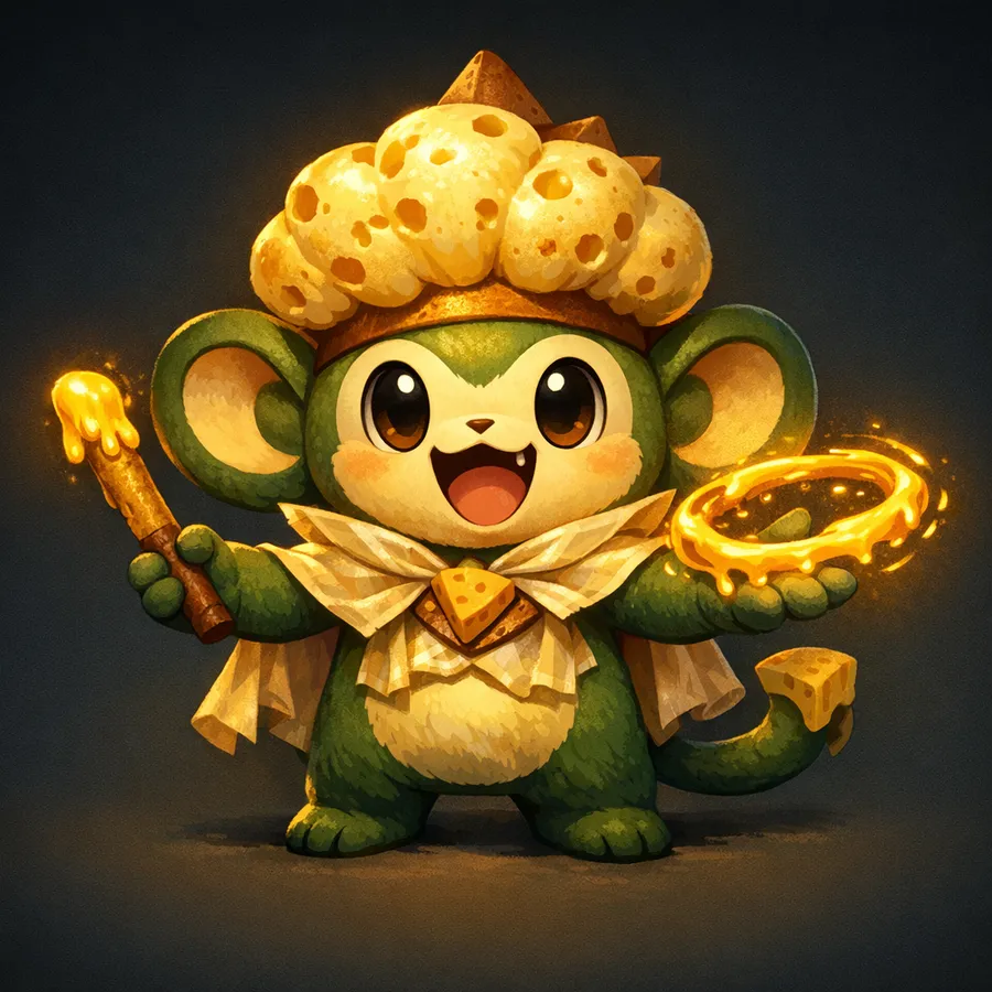 A cartoon monkey mascot re-rendered as a cheese wizard with a golden ring