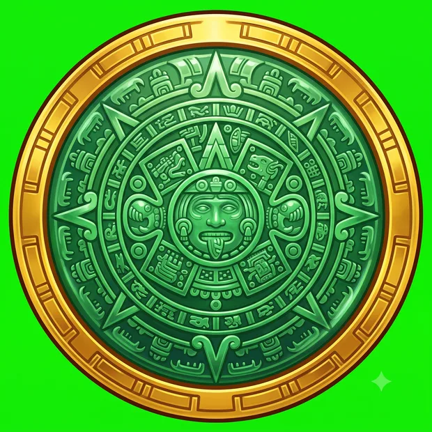 The original green-screen Aztec calendar coin, as delivered by the artist