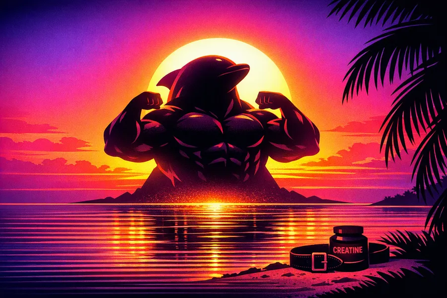 A synthwave mountain scene re-rendered as a heavily muscled dolphin flexing at sunset