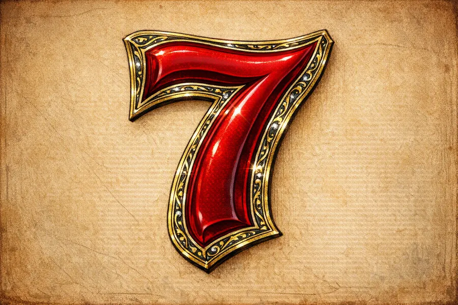A plain red slot seven re-rendered as an ornate gold-inlaid seven on parchment