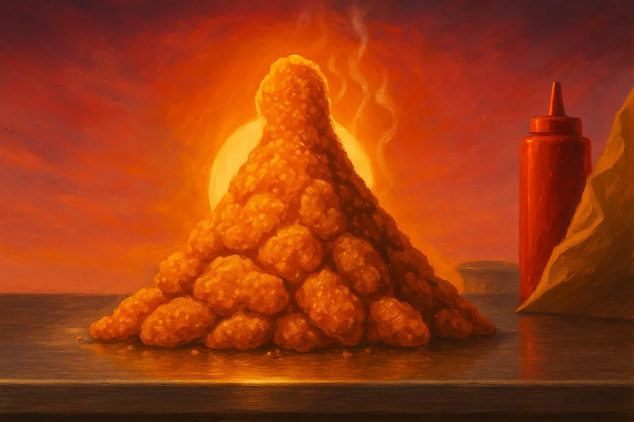 The same synthwave mountain re-rendered as a volcano built from chicken nuggets