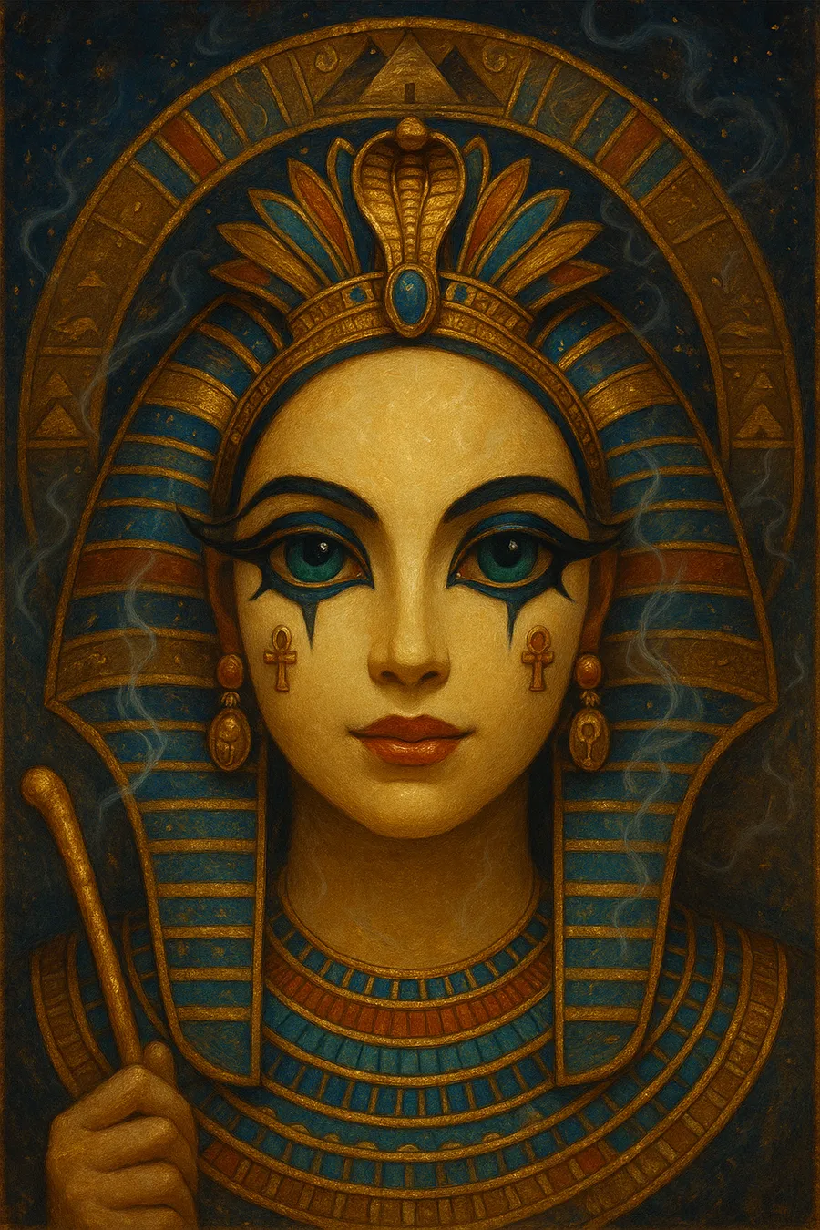 A neon airbrushed clown face re-rendered as a gilded pharaoh's death mask