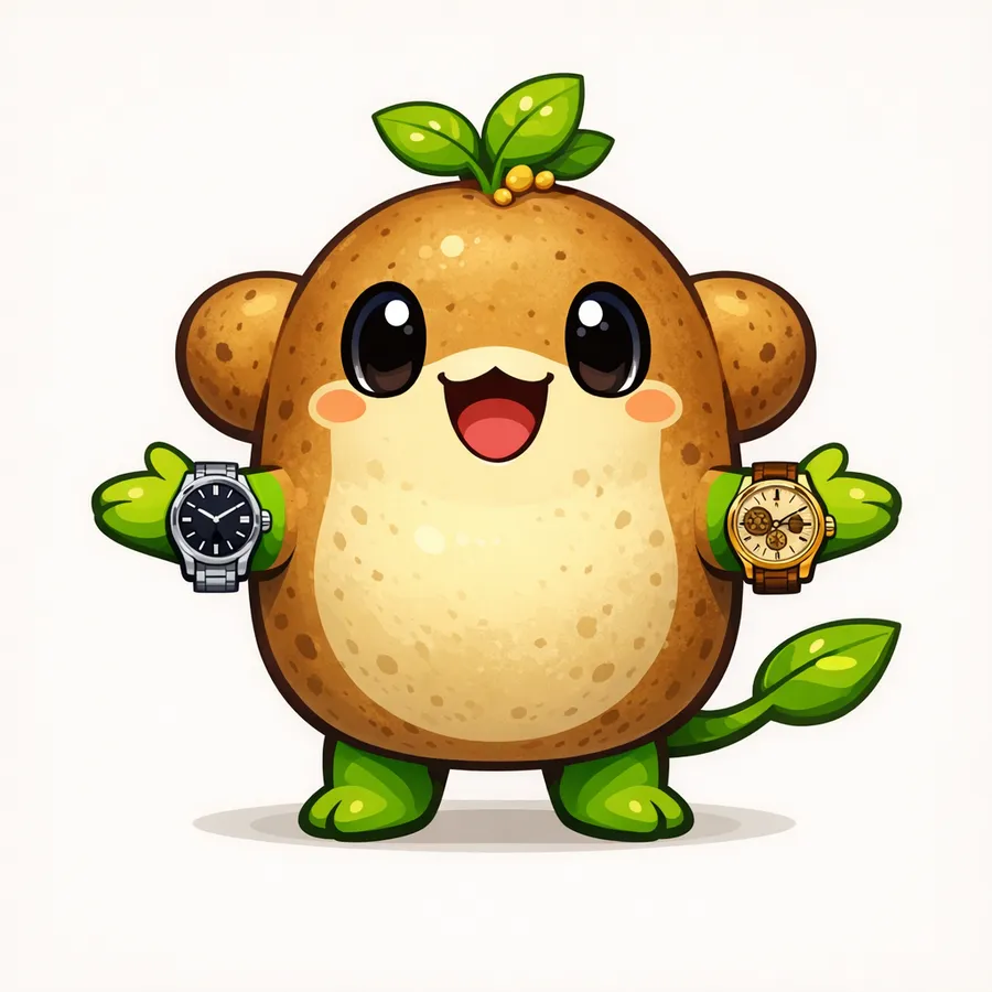 The monkey mascot re-rendered as a cheerful potato character wearing two watches