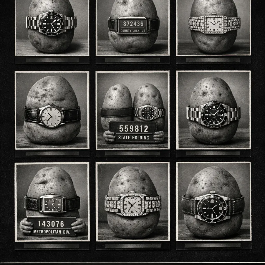 A sheet of vintage mugshots re-rendered as potatoes wearing luxury watches