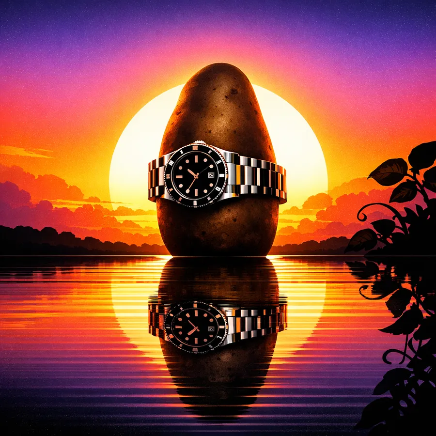 The synthwave mountain again, now a giant potato wearing a dive watch at sunset