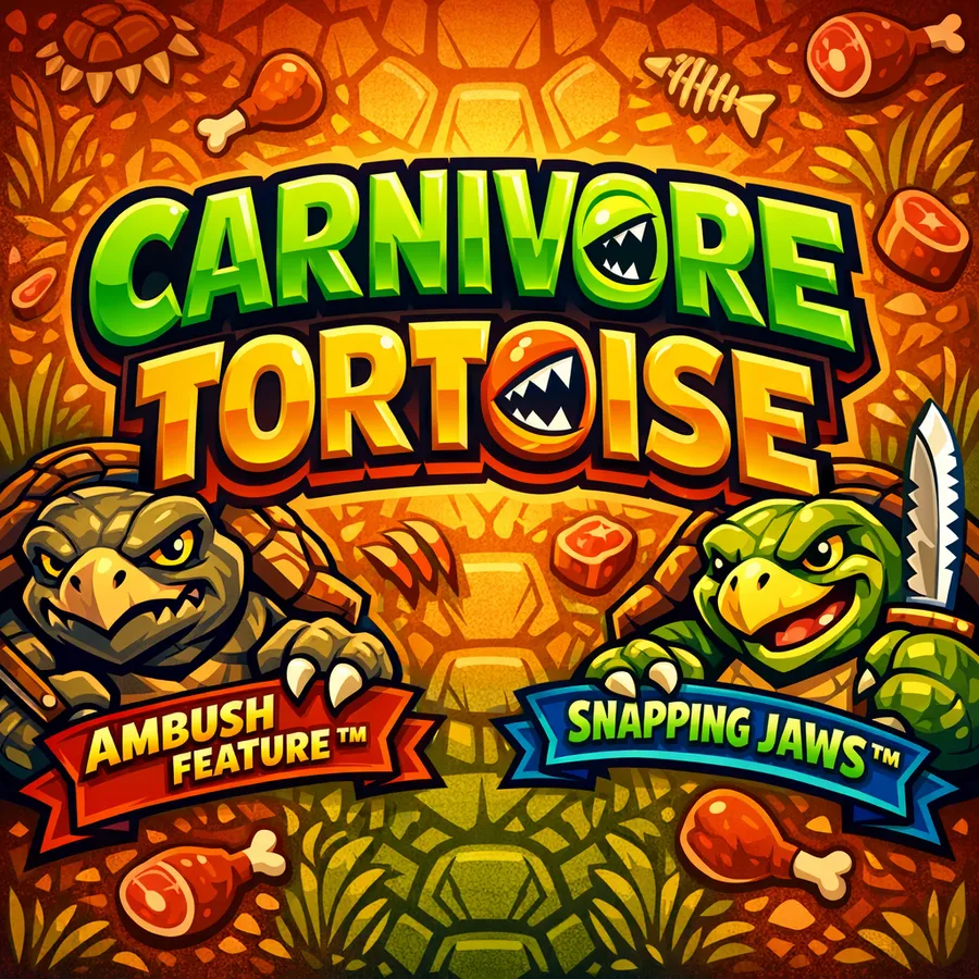 A bright game logo re-lettered as Carnivore Tortoise with feature banners