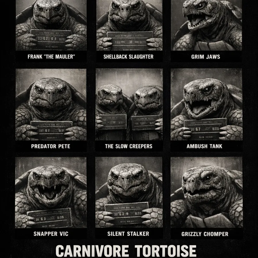 The mugshot sheet again, this time as a lineup of hard-bitten tortoises